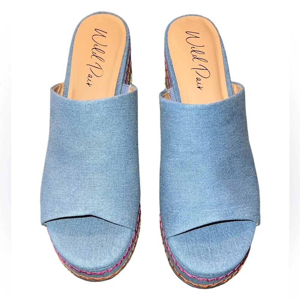 Wild Pair Rosaly Platform Wedge Sandals Blue Denim Multi Size 10 New